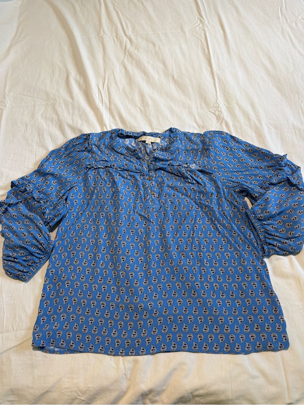 LOFT Blue Paisley-Print Puff Sleeve Blouse